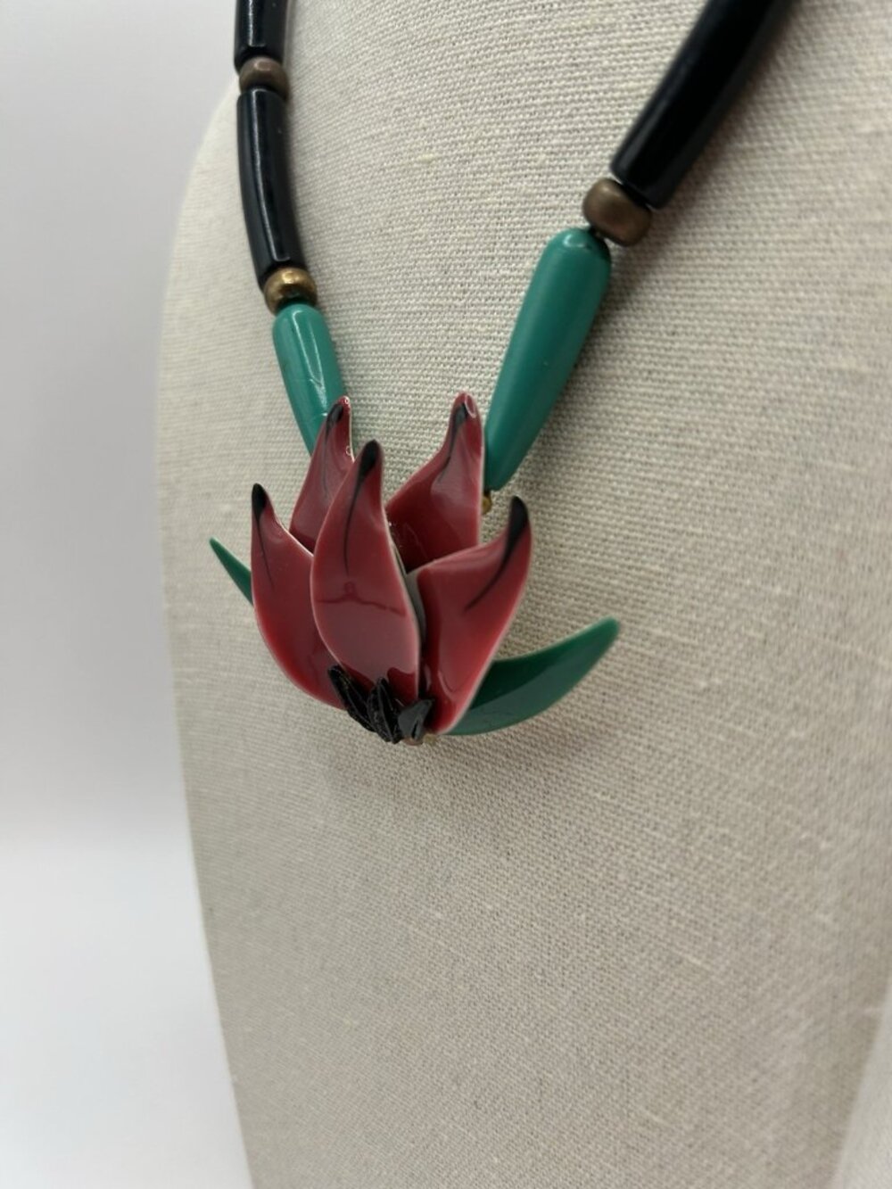 Lotus Flower Necklace Enamel Metal Pendant Tube Beaded Vintage Floral Retro 17” - Picture 9 of 16